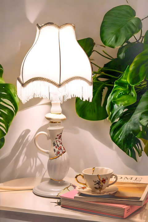 LAMPADA KINTSUGI ABAT JOUR PORCELLANA E ORO 26X26 H 60 CM 09945 SELETTI WHITE