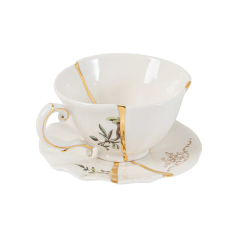 SET DA TE TAZZA E PIATTINO PORCELLANA KINTSUGI 09649 SELETTI WHITE