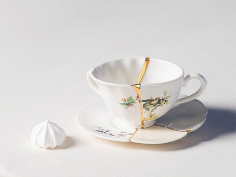 SET DA TE TAZZA E PIATTINO PORCELLANA KINTSUGI 09647 SELETTI WHITE